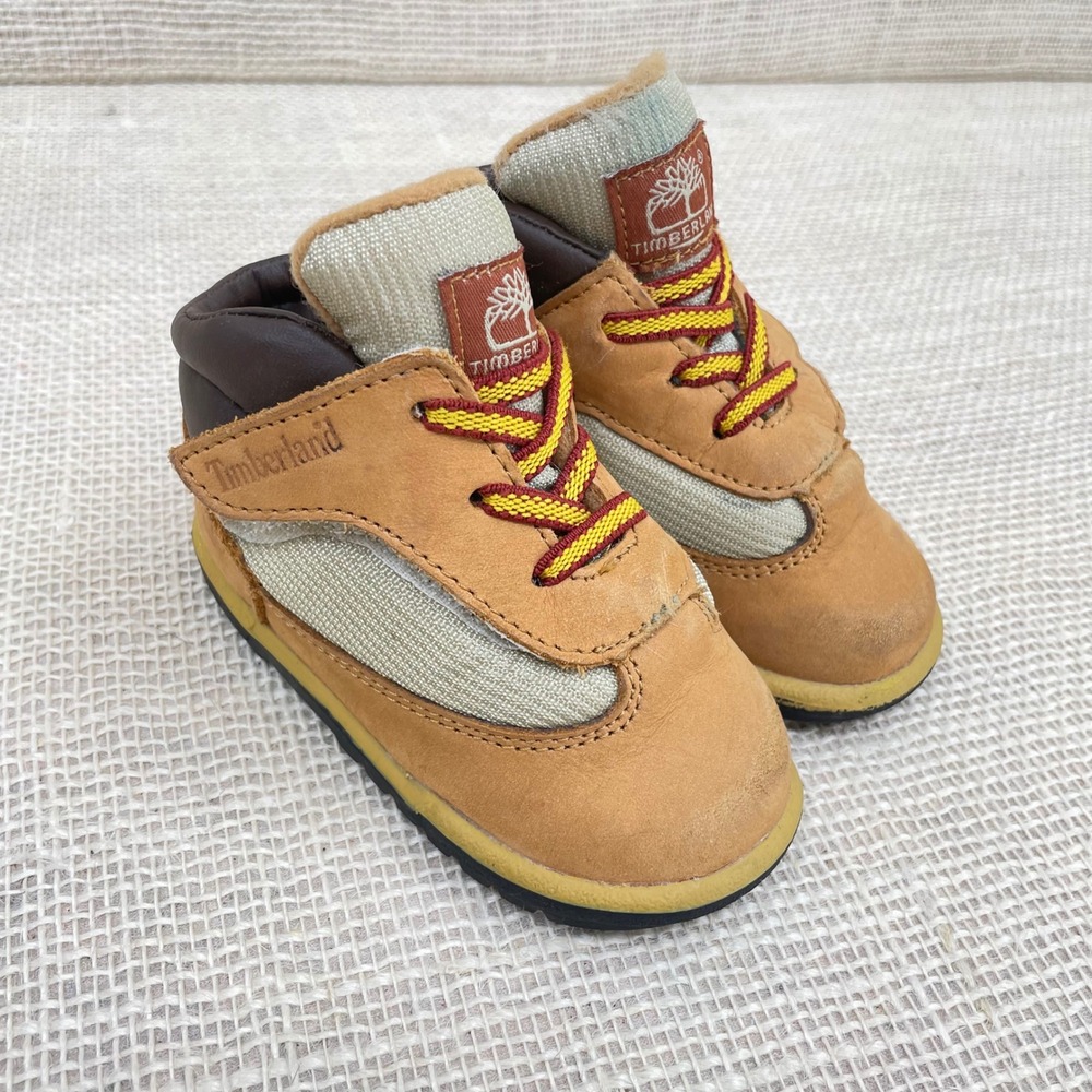 Timberland Infant Baby Boots Tan‎ Leather Lace Up Hook and Loop Sz 4